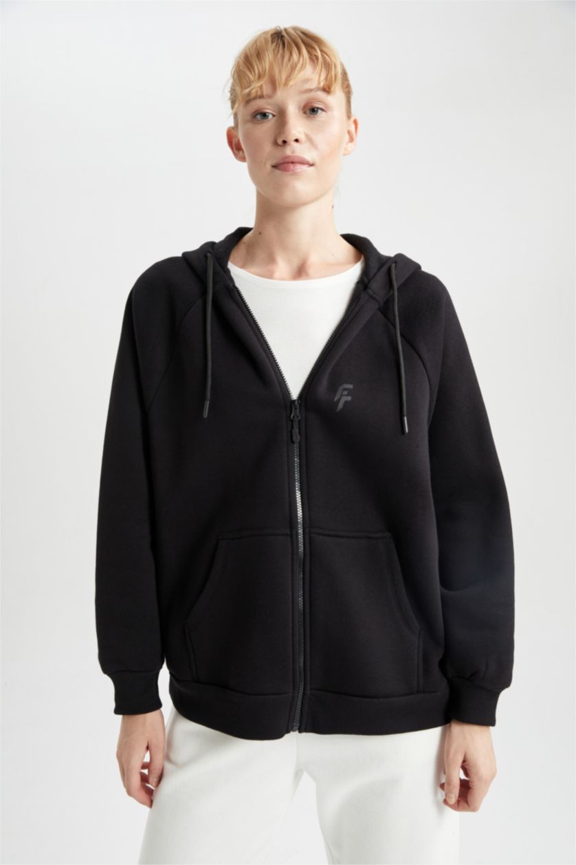 Kadın Siyah Oversıze Kalın Sweatshirt Kumaşı Hırka