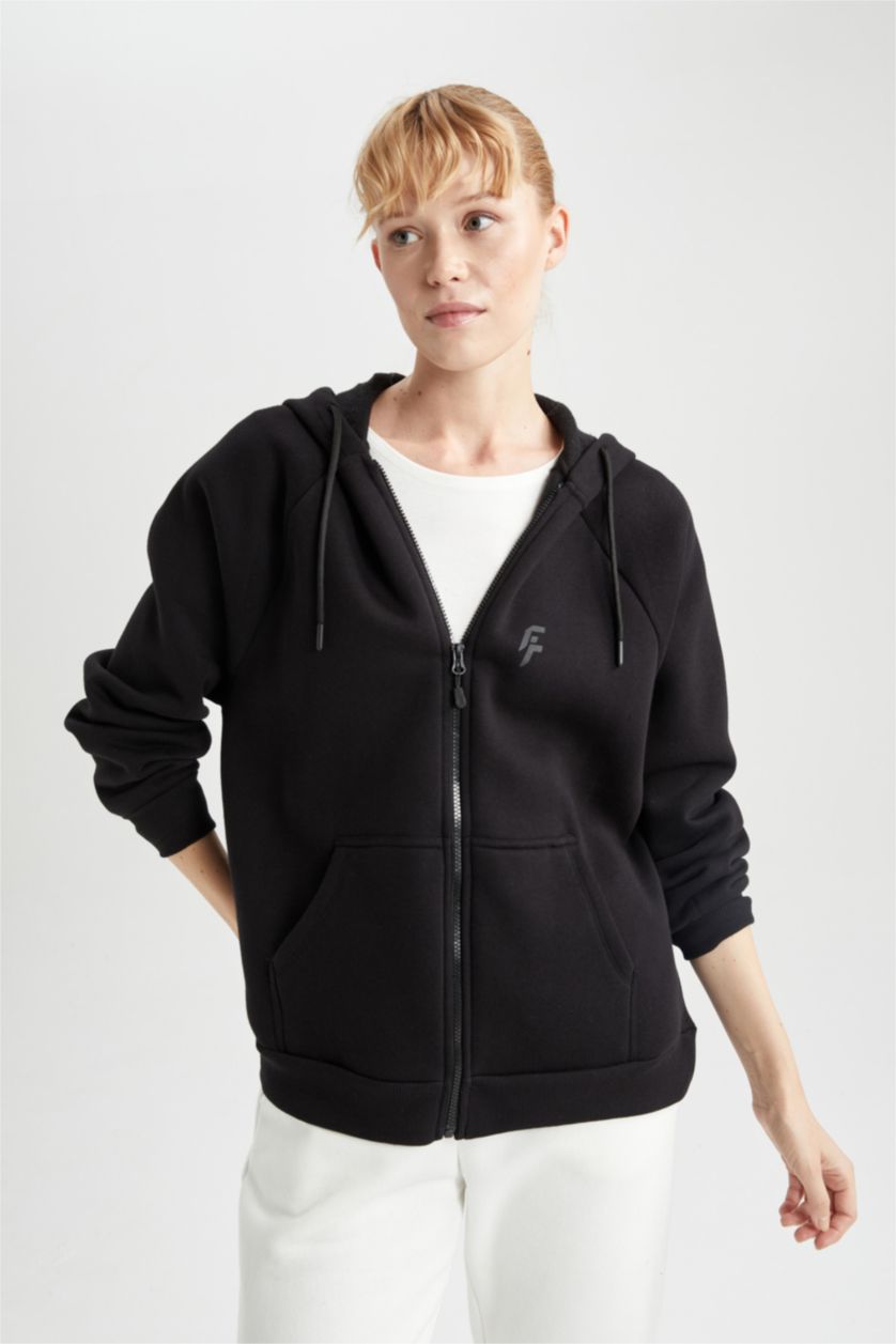 Kadın Siyah Oversıze Kalın Sweatshirt Kumaşı Hırka