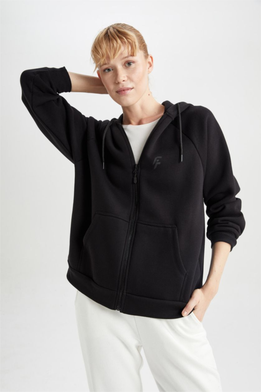 Kadın Siyah Oversıze Kalın Sweatshirt Kumaşı Hırka