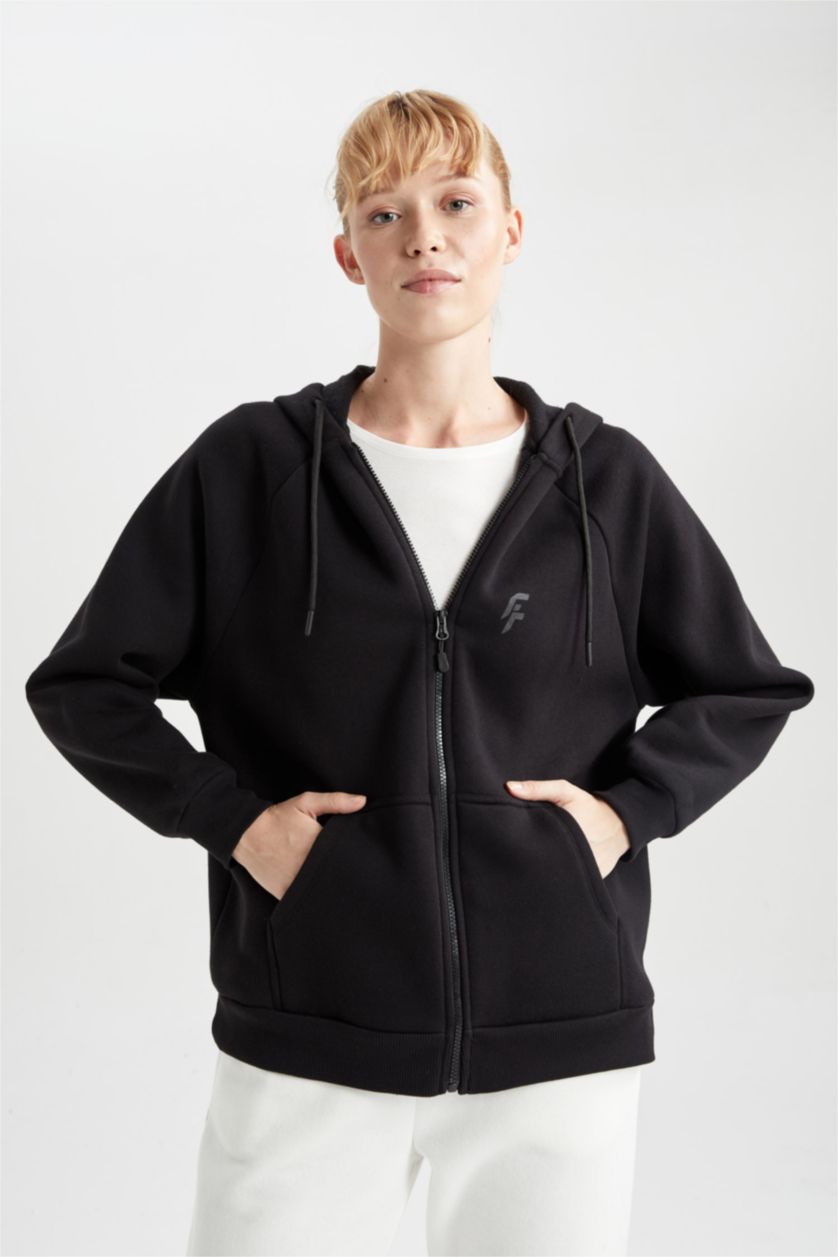 Kadın Siyah Oversıze Kalın Sweatshirt Kumaşı Hırka