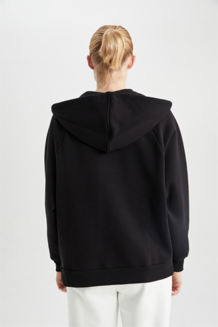 Kadın Siyah Oversıze Kalın Sweatshirt Kumaşı Hırka