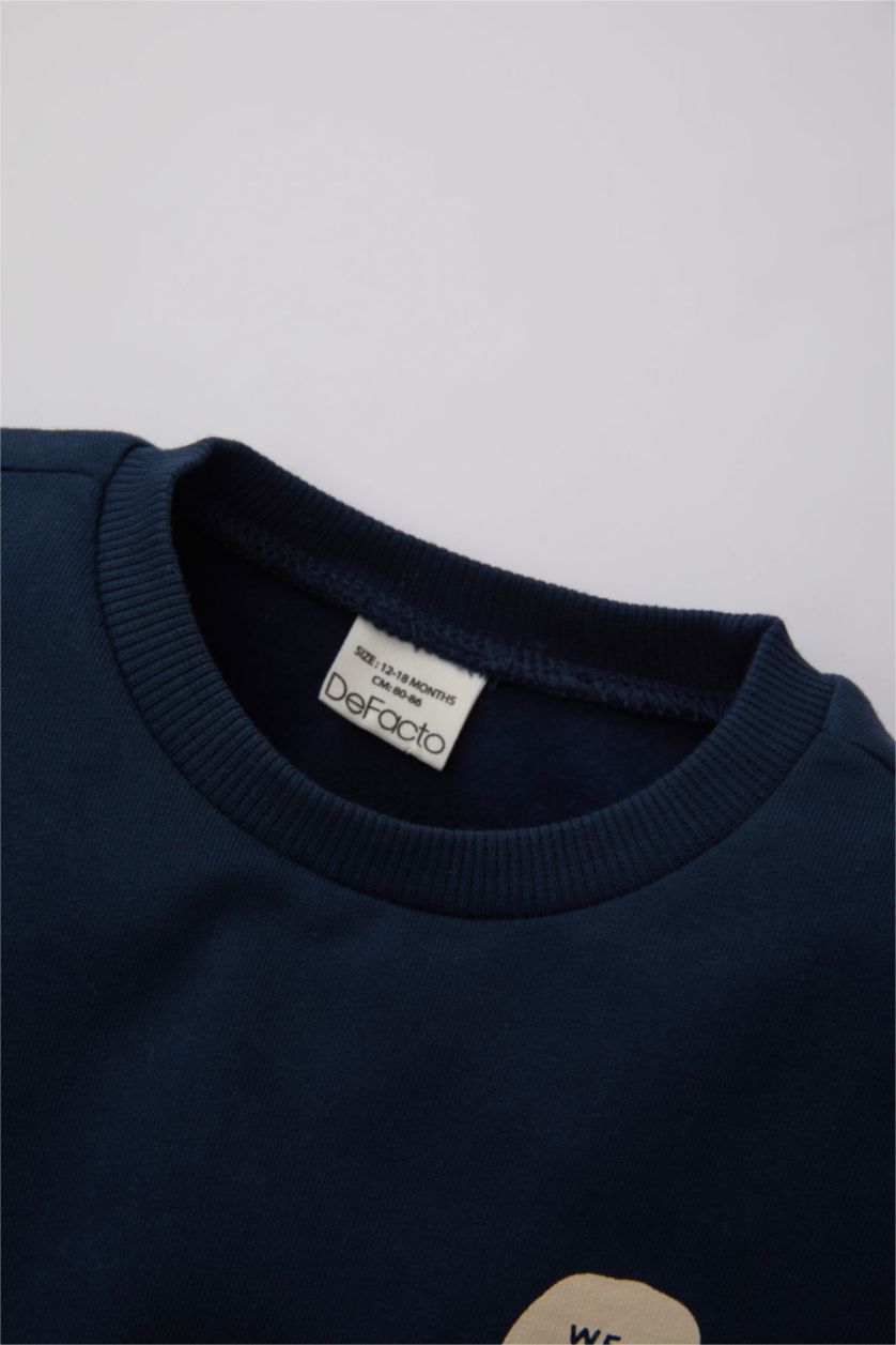 Erkek Bebek Lacivert Erkek Bebek Bisiklet Yaka Baskılı İçi Yumuşak Tüylü Sweatshirt