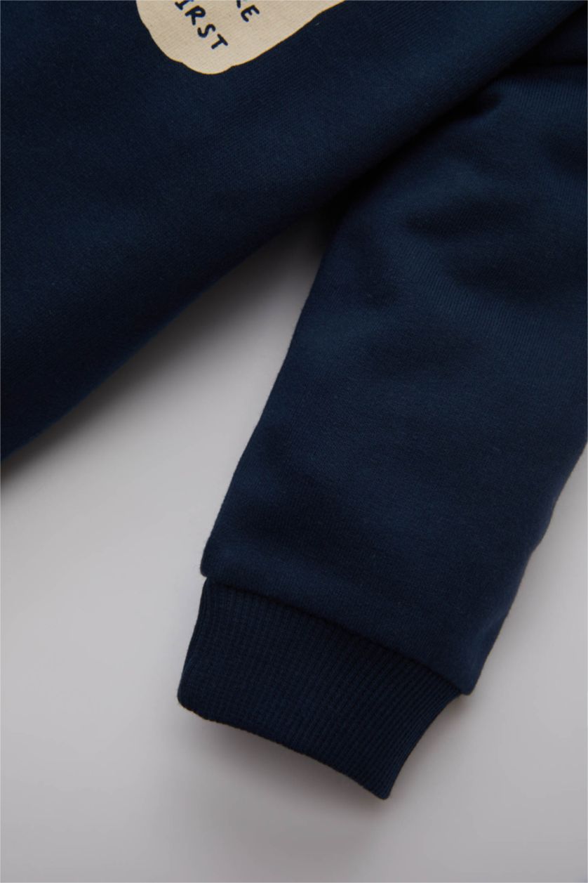 Erkek Bebek Lacivert Erkek Bebek Bisiklet Yaka Baskılı İçi Yumuşak Tüylü Sweatshirt