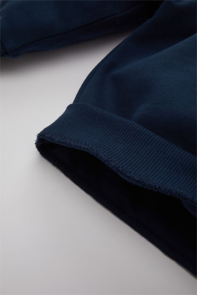 Erkek Bebek Lacivert Erkek Bebek Bisiklet Yaka Baskılı İçi Yumuşak Tüylü Sweatshirt