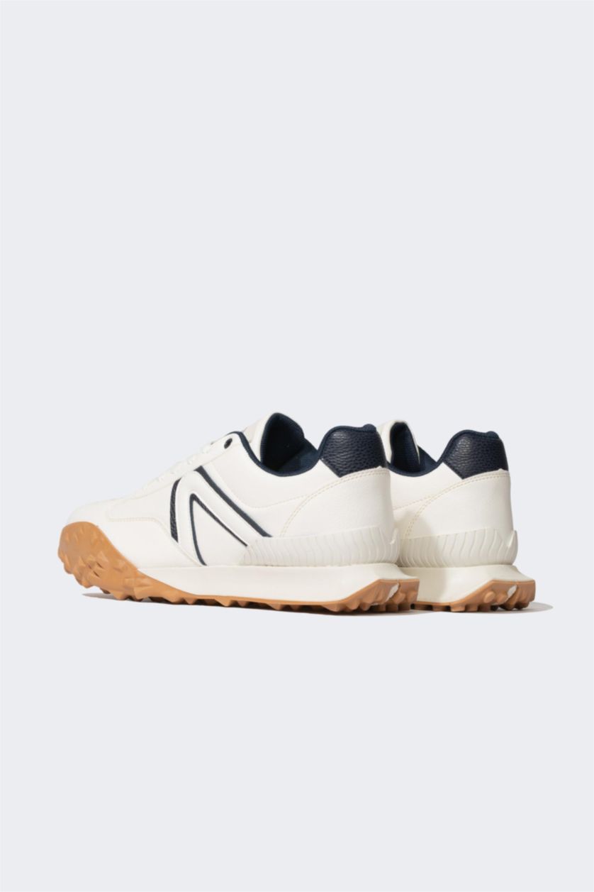 رجالي أبيض (000) سنيكرز رجالي جلد صناعي برباط وكعب مسنن