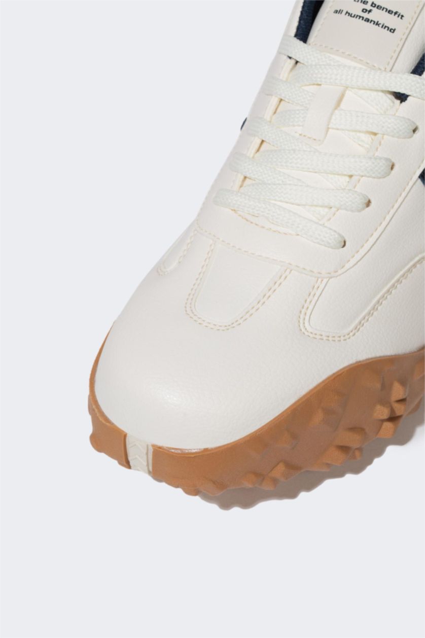 رجالي أبيض (000) سنيكرز رجالي جلد صناعي برباط وكعب مسنن