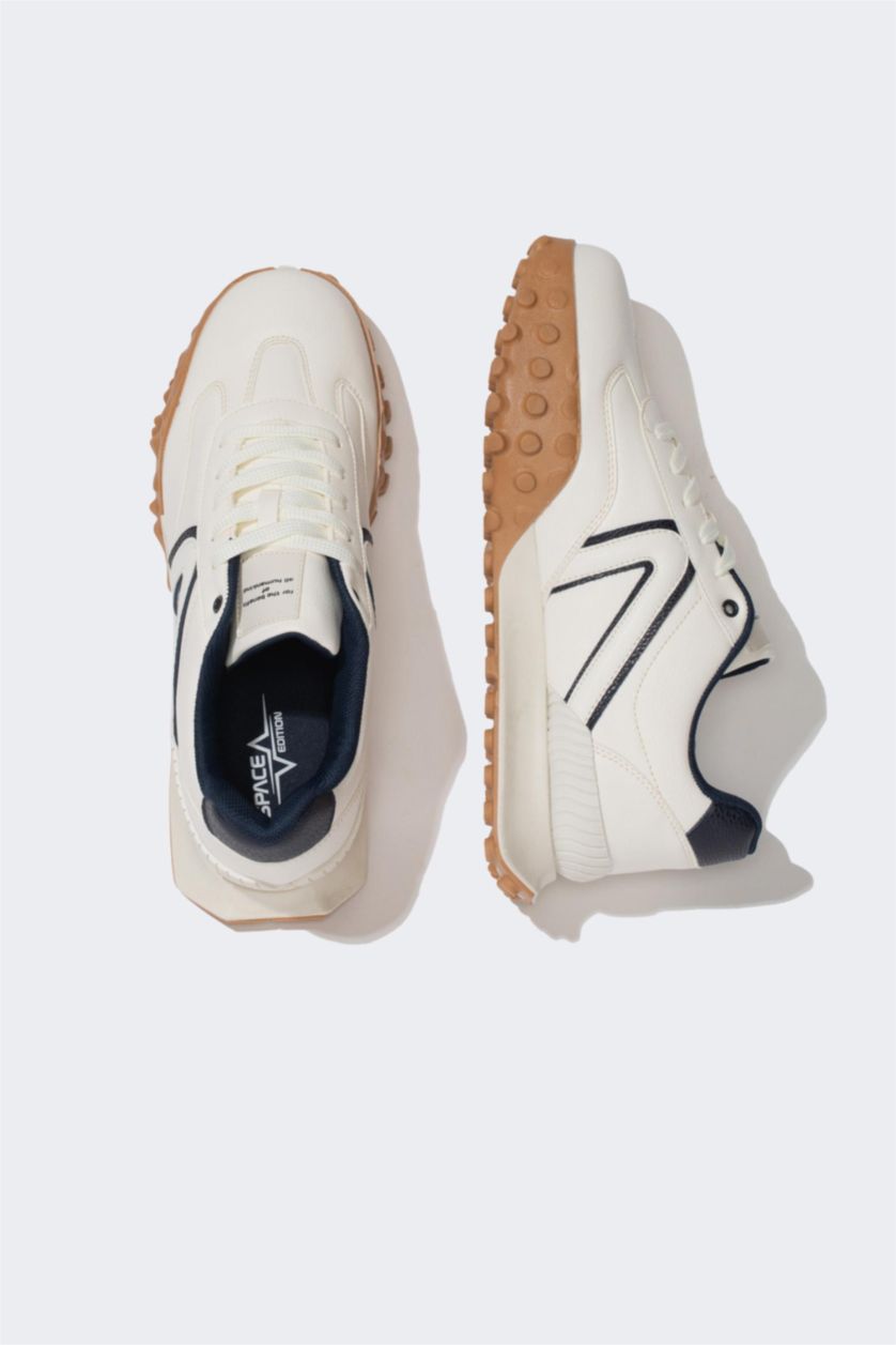 رجالي أبيض (000) سنيكرز رجالي جلد صناعي برباط وكعب مسنن