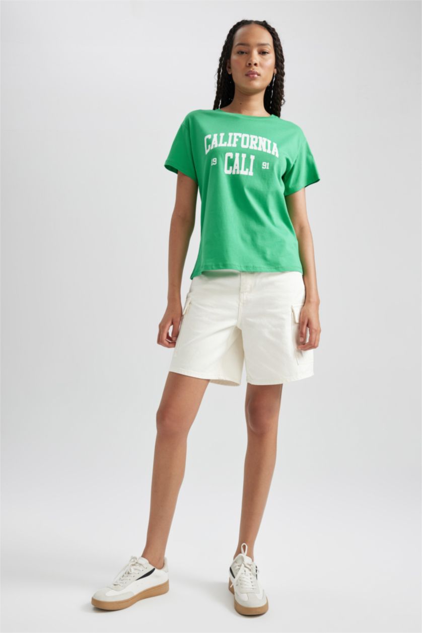 Kadın Yeşil Regular Fit Bisiklet Yaka Baskılı Kısa Kollu %100 Pamuk Tişört