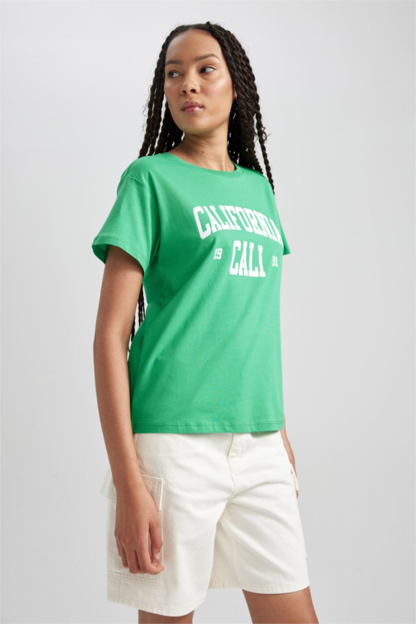 Kadın Yeşil Regular Fit Bisiklet Yaka Baskılı Kısa Kollu %100 Pamuk Tişört