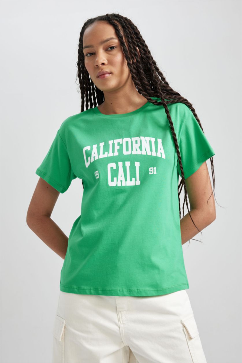 Kadın Yeşil Regular Fit Bisiklet Yaka Baskılı Kısa Kollu %100 Pamuk Tişört