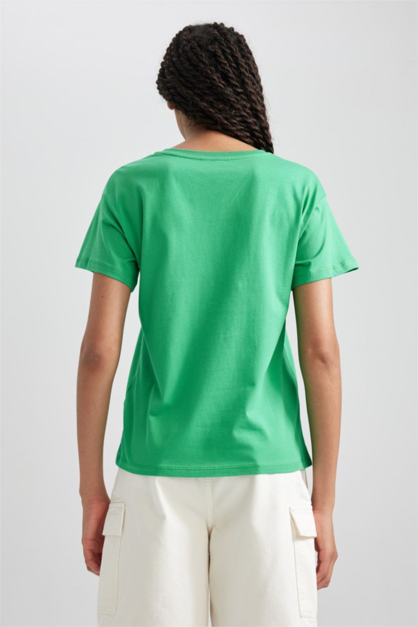 Kadın Yeşil Regular Fit Bisiklet Yaka Baskılı Kısa Kollu %100 Pamuk Tişört