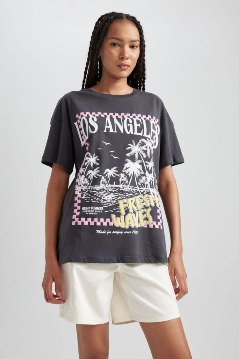 نساء أنثرا تيشيرت قطن اوفر سايز مطبوع نص ردن