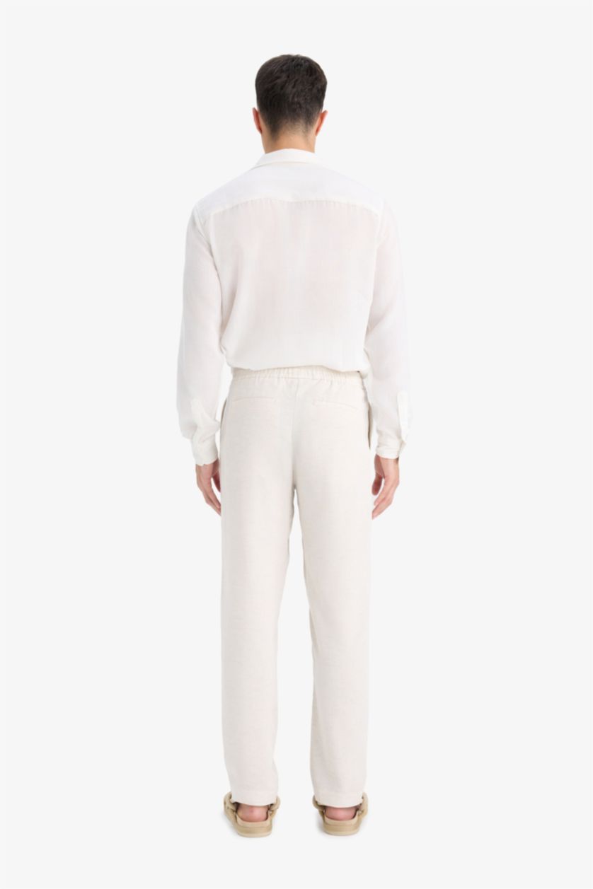 Erkek Bej Melanj Relax Fıt Geniş Paça Keten Karışımlı Pantolon