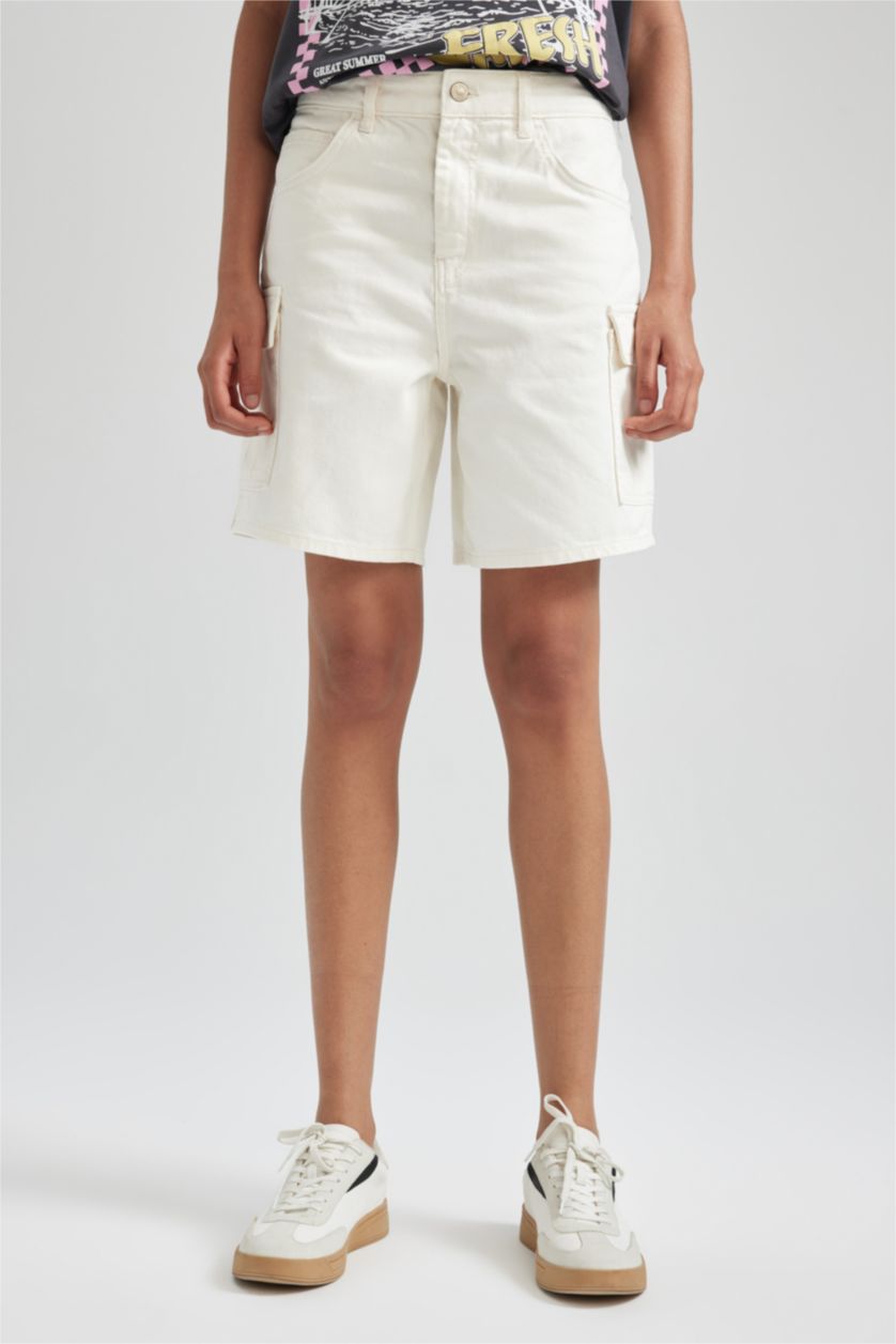 حريمي أبيض (000) شورت قطن برمودا جينز كتان ابيض بخصر عالي