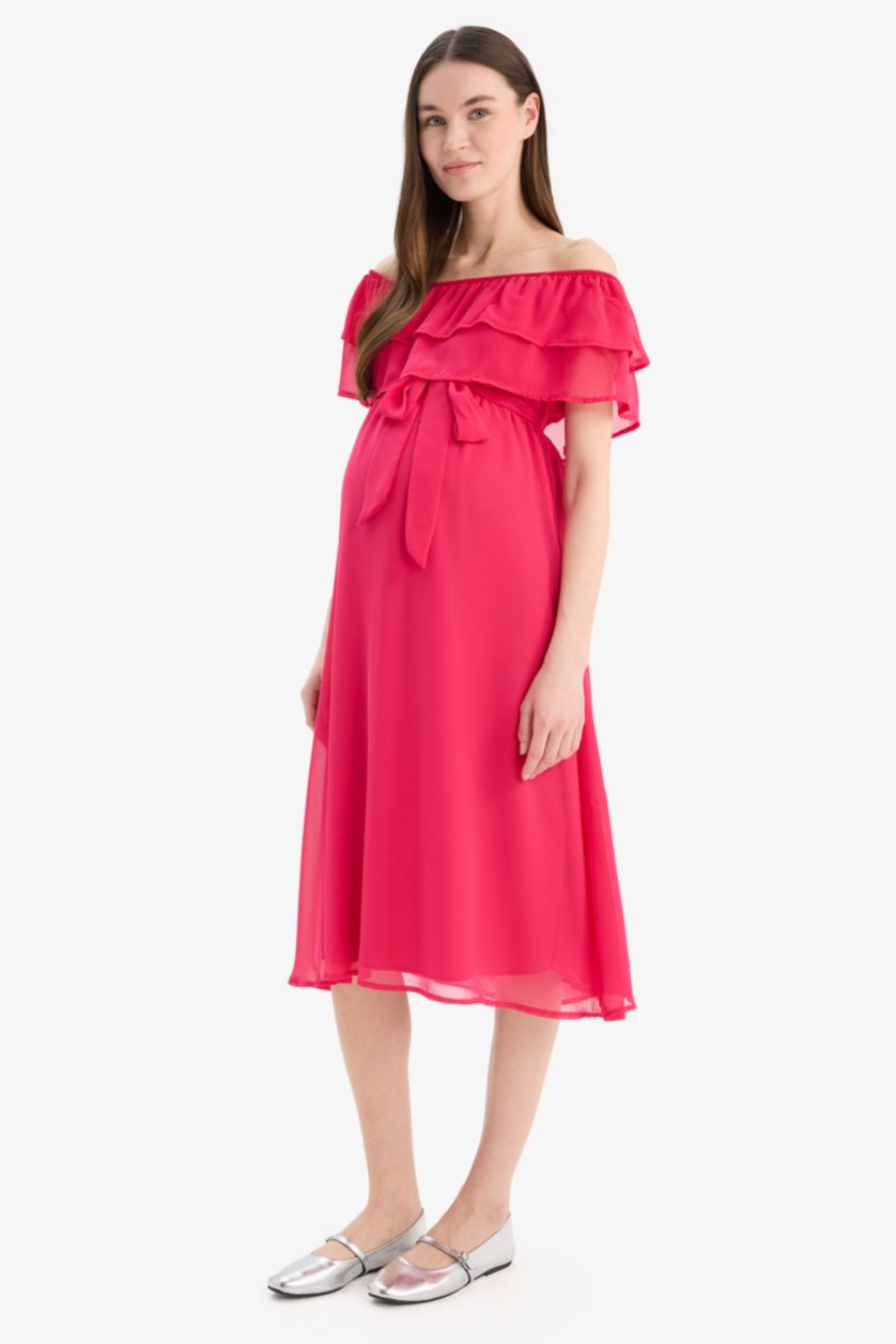 نساء فوشي فستان حمل طويل بنص ردن