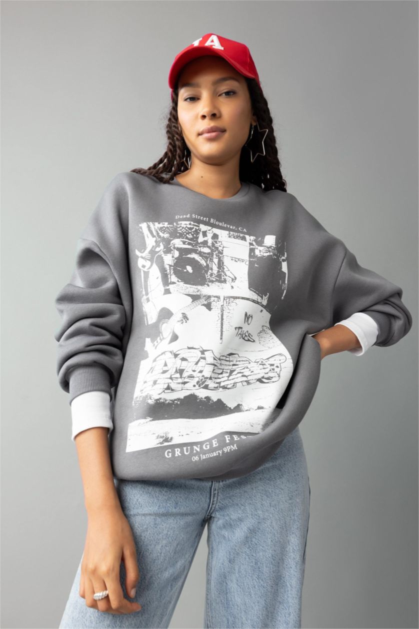 Женщины Серый Свитшот оверсайз с круглым вырезом с принтом из плотной ткани для женщин