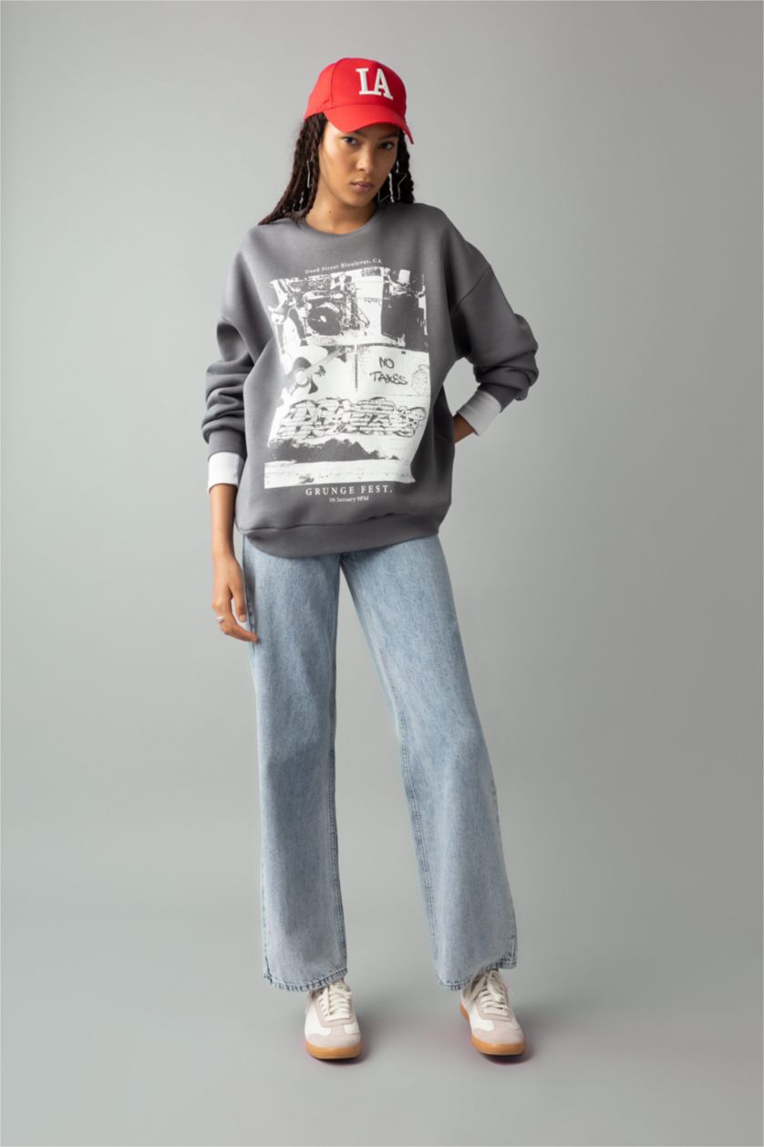 Женщины Серый Свитшот оверсайз с круглым вырезом с принтом из плотной ткани для женщин