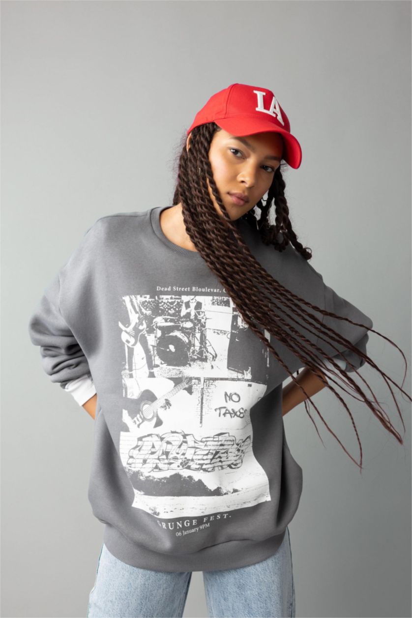 Женщины Серый Свитшот оверсайз с круглым вырезом с принтом из плотной ткани для женщин