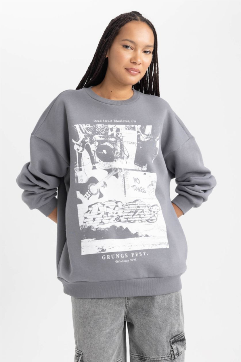 Женщины Серый Свитшот оверсайз с круглым вырезом с принтом из плотной ткани для женщин