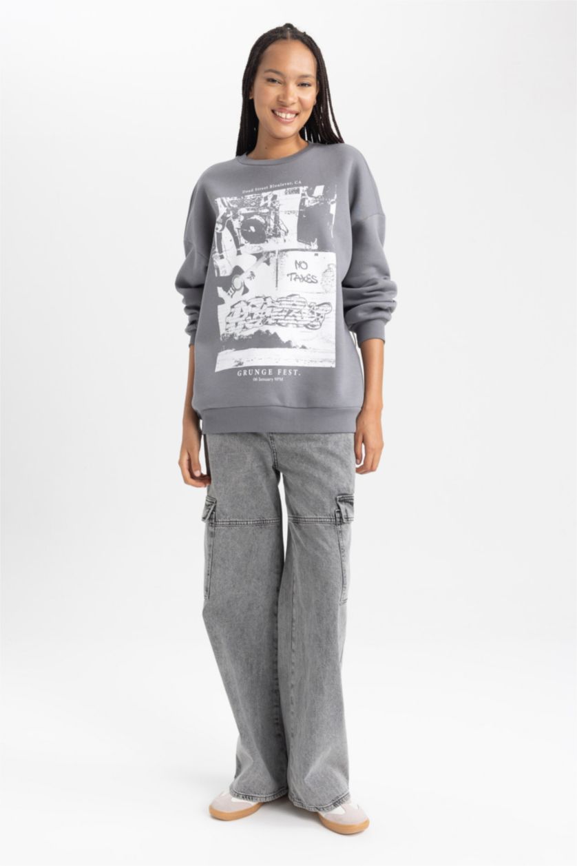Женщины Серый Свитшот оверсайз с круглым вырезом с принтом из плотной ткани для женщин