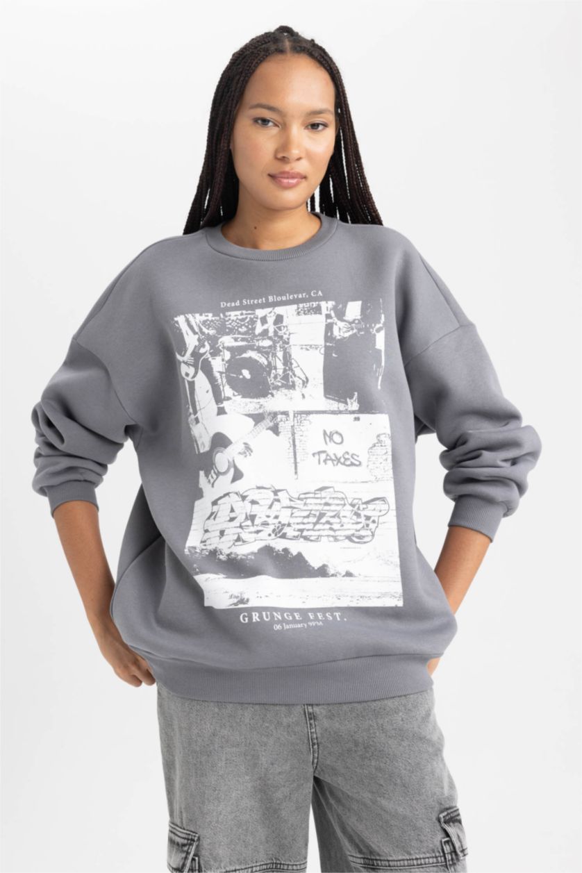 Женщины Серый Свитшот оверсайз с круглым вырезом с принтом из плотной ткани для женщин