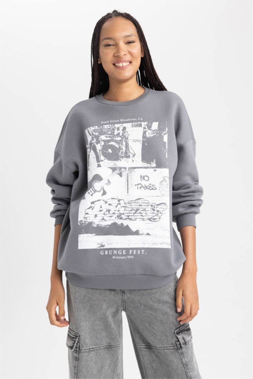 Женщины Серый Свитшот оверсайз с круглым вырезом с принтом из плотной ткани для женщин