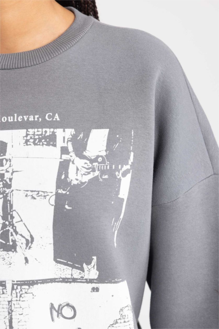 Женщины Серый Свитшот оверсайз с круглым вырезом с принтом из плотной ткани для женщин