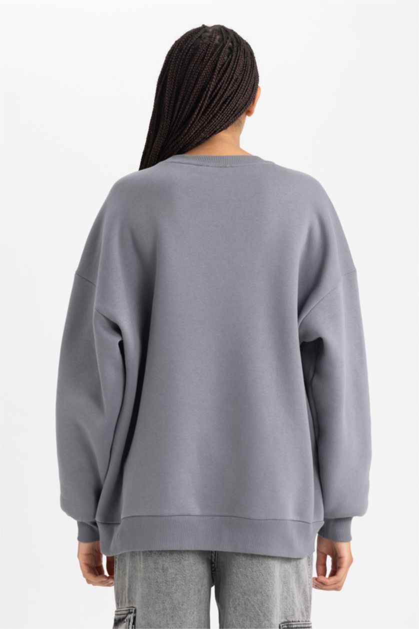 Женщины Серый Свитшот оверсайз с круглым вырезом с принтом из плотной ткани для женщин