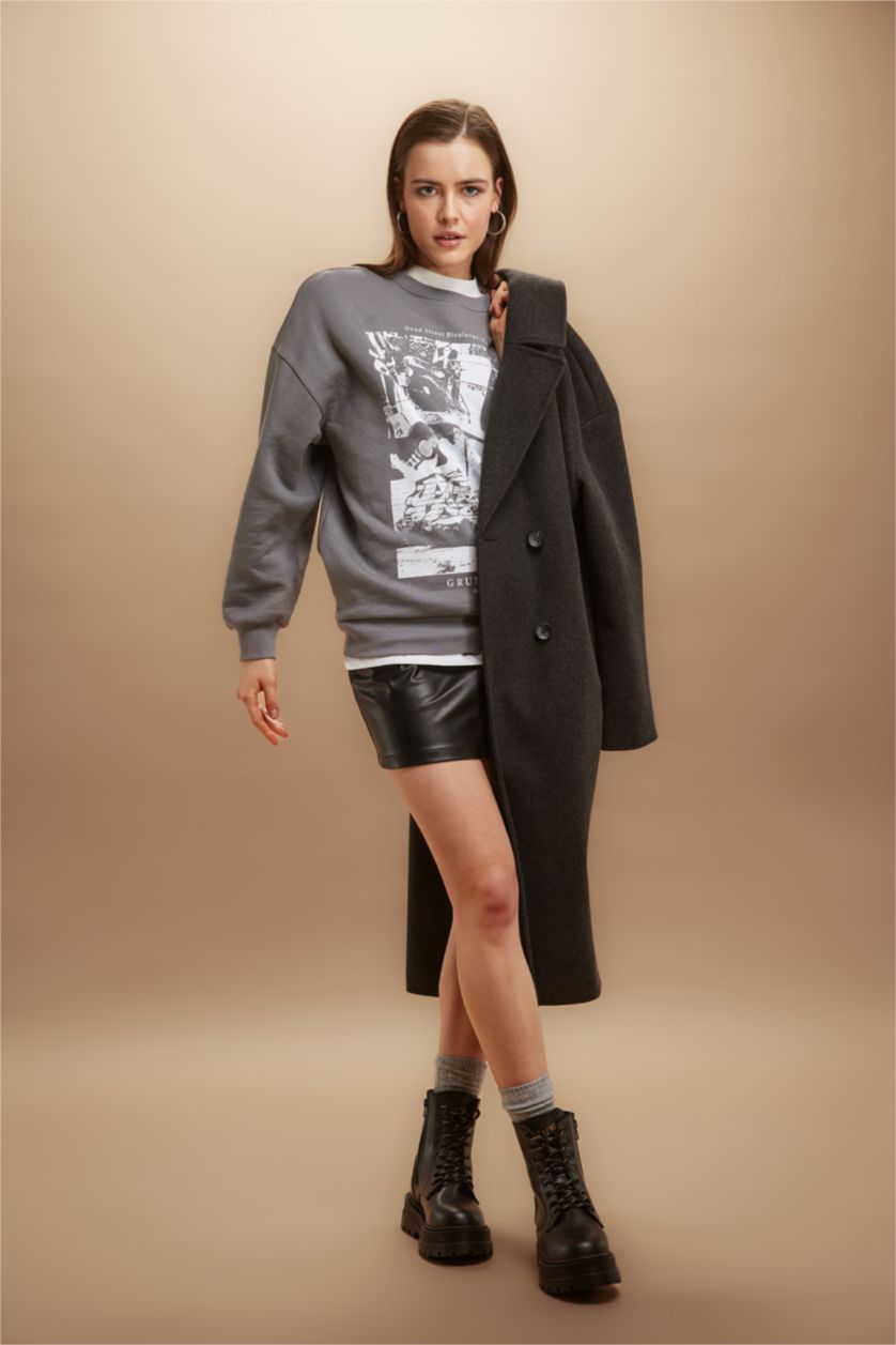 Женщины Серый Свитшот оверсайз с круглым вырезом с принтом из плотной ткани для женщин