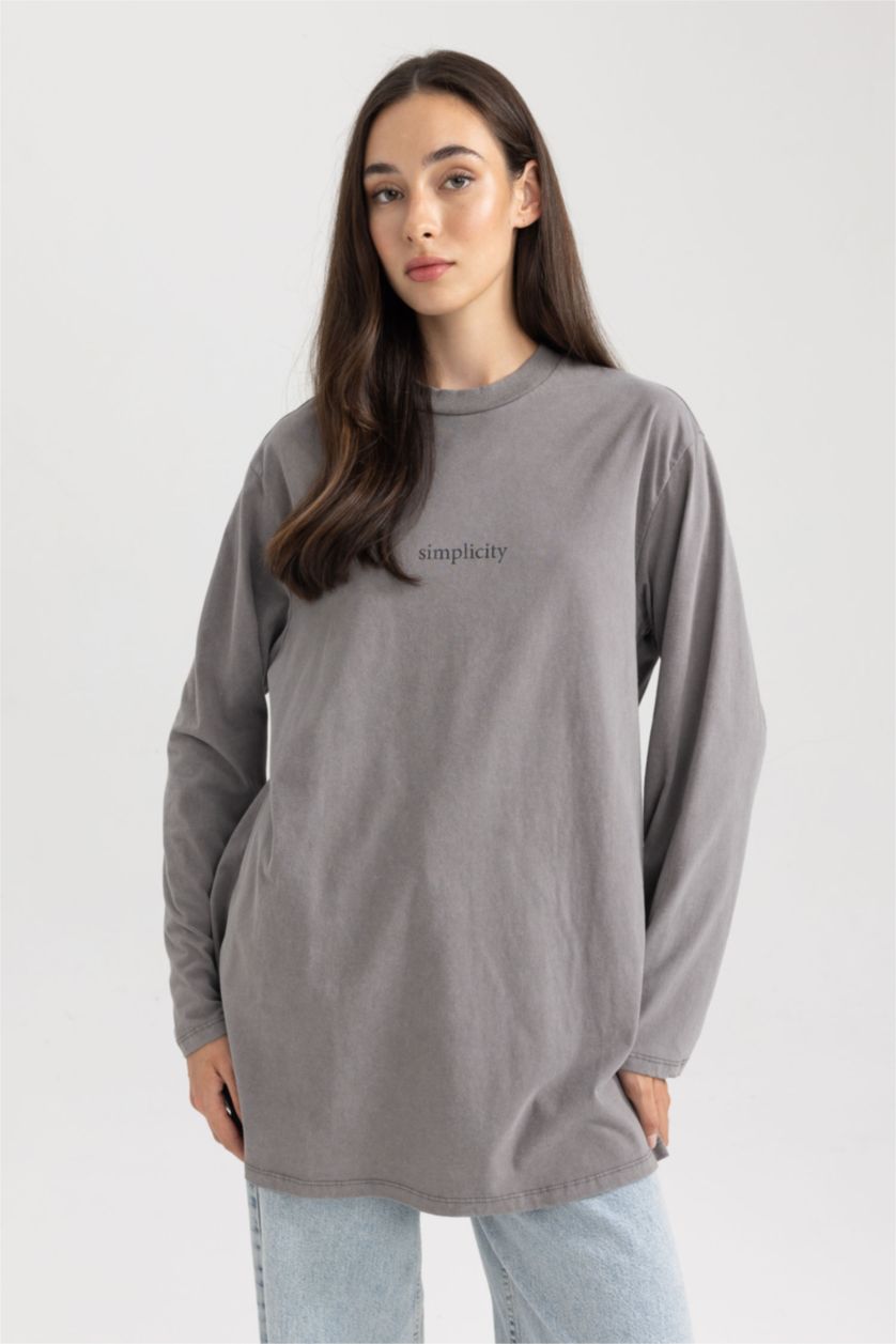 FEMME Gris Tunique Coupe Régulière à Manches Longues