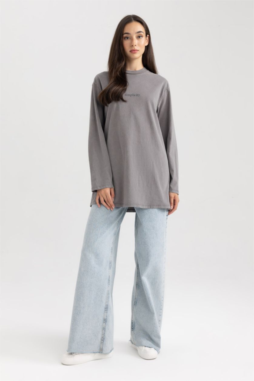 FEMME Gris Tunique Coupe Régulière à Manches Longues