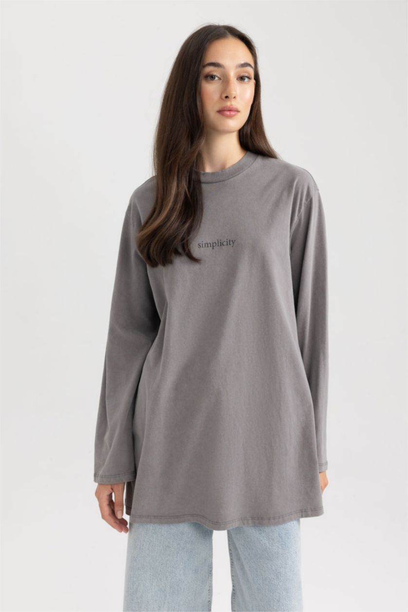 FEMME Gris Tunique Coupe Régulière à Manches Longues