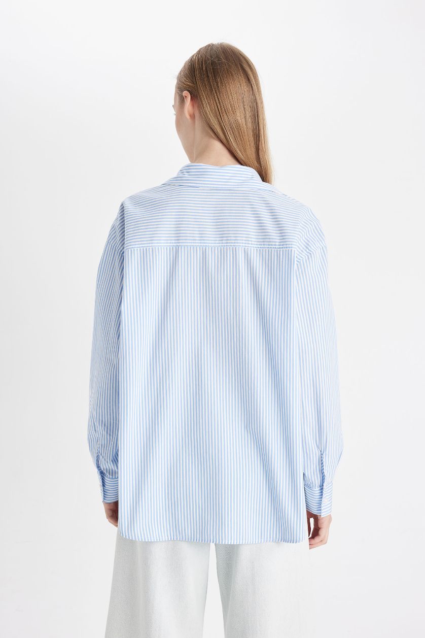 Kadın Mavi Oversize Geniş Kalıp Cepli Çizgili Poplin Uzun Kollu Gömlek