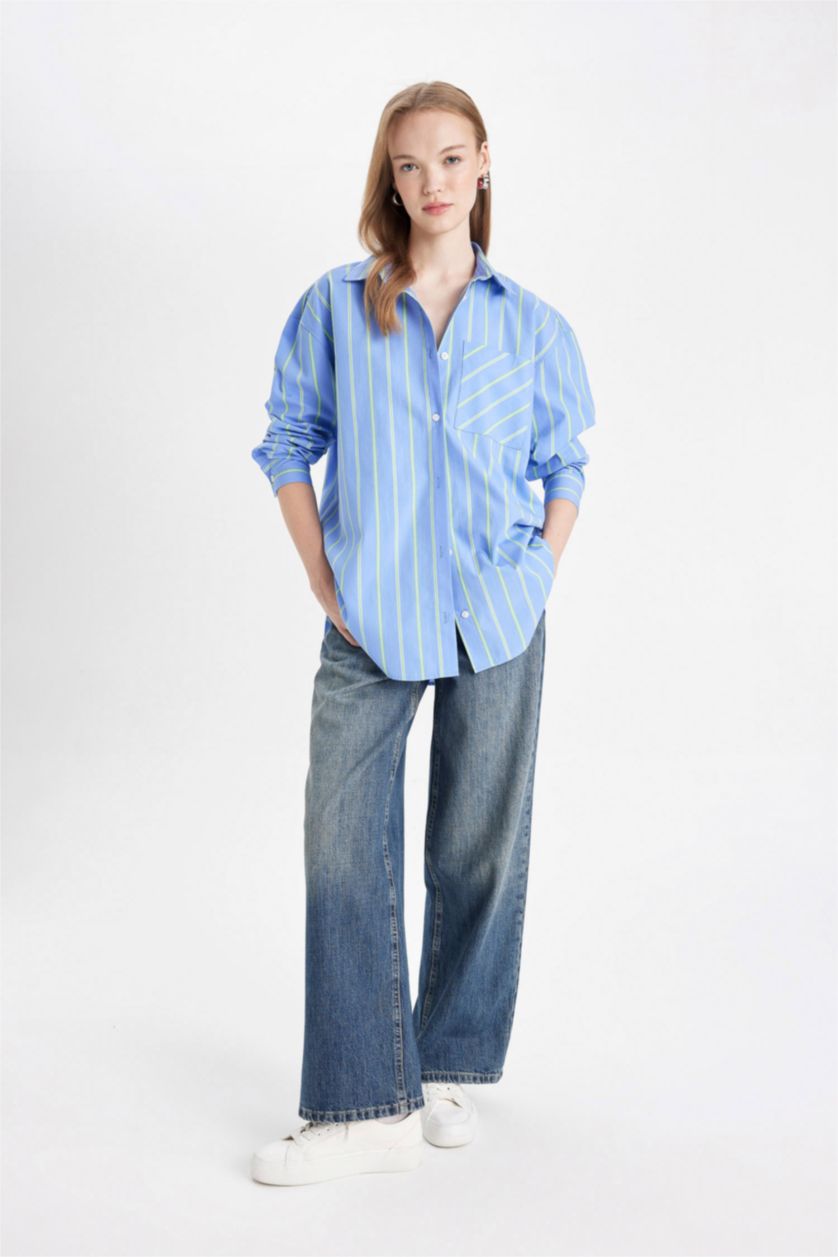 نساء أزرق قميص بوبلين مخطط واسع برقبة قميص