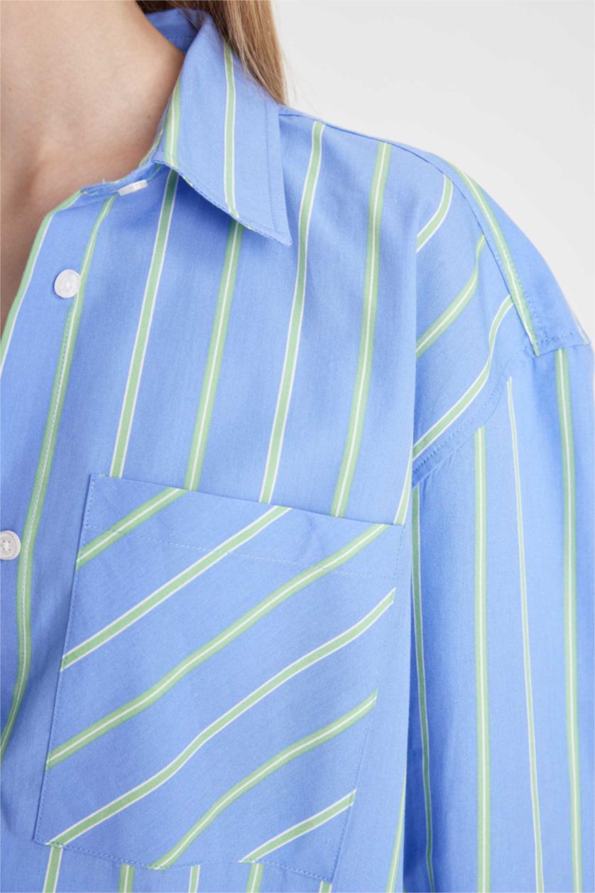 نساء أزرق قميص بوبلين مخطط واسع برقبة قميص