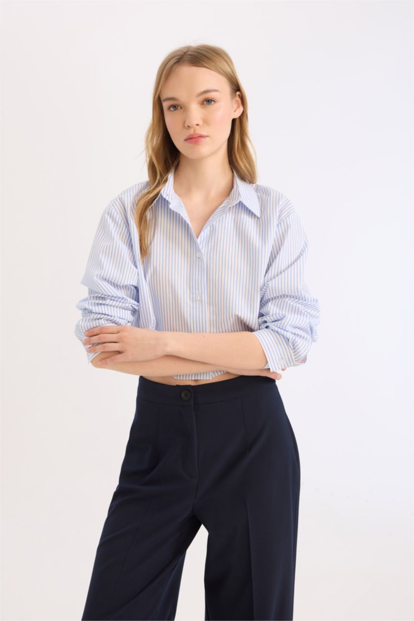 نساء أزرق قميص ردن طويل بوبلين اوفر سايز