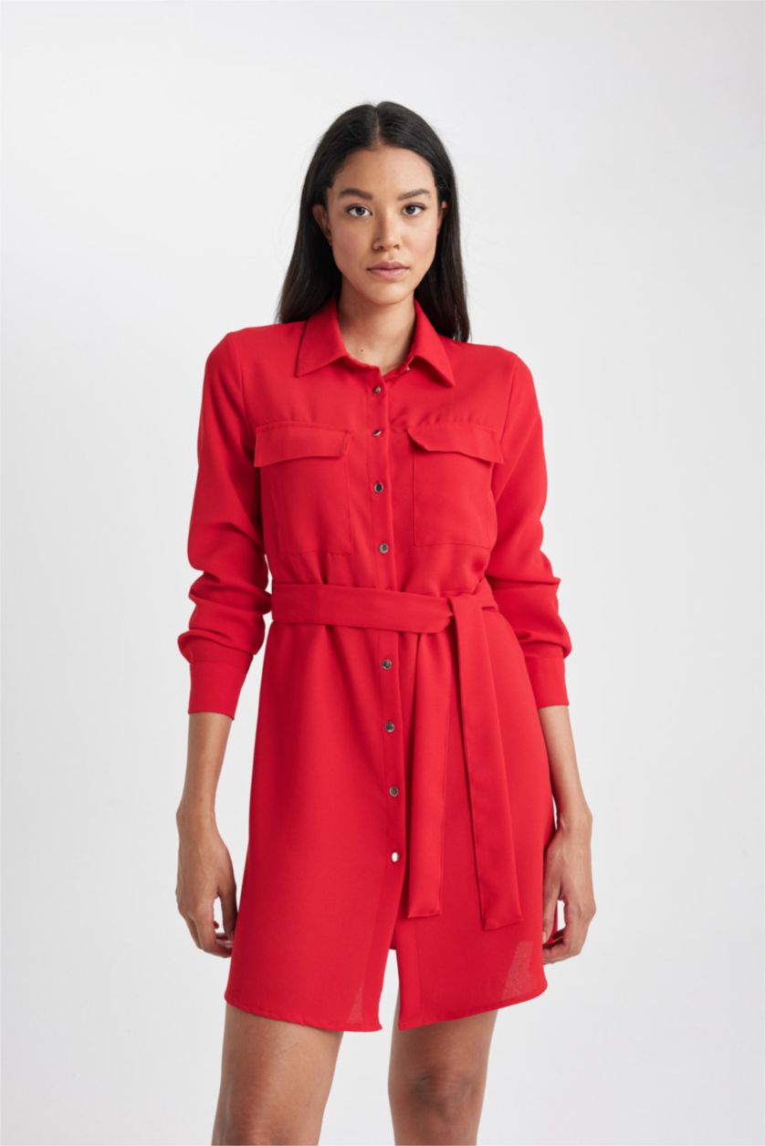 FEMME Rouge Mini Robe Col de Chemise à Manches Longues