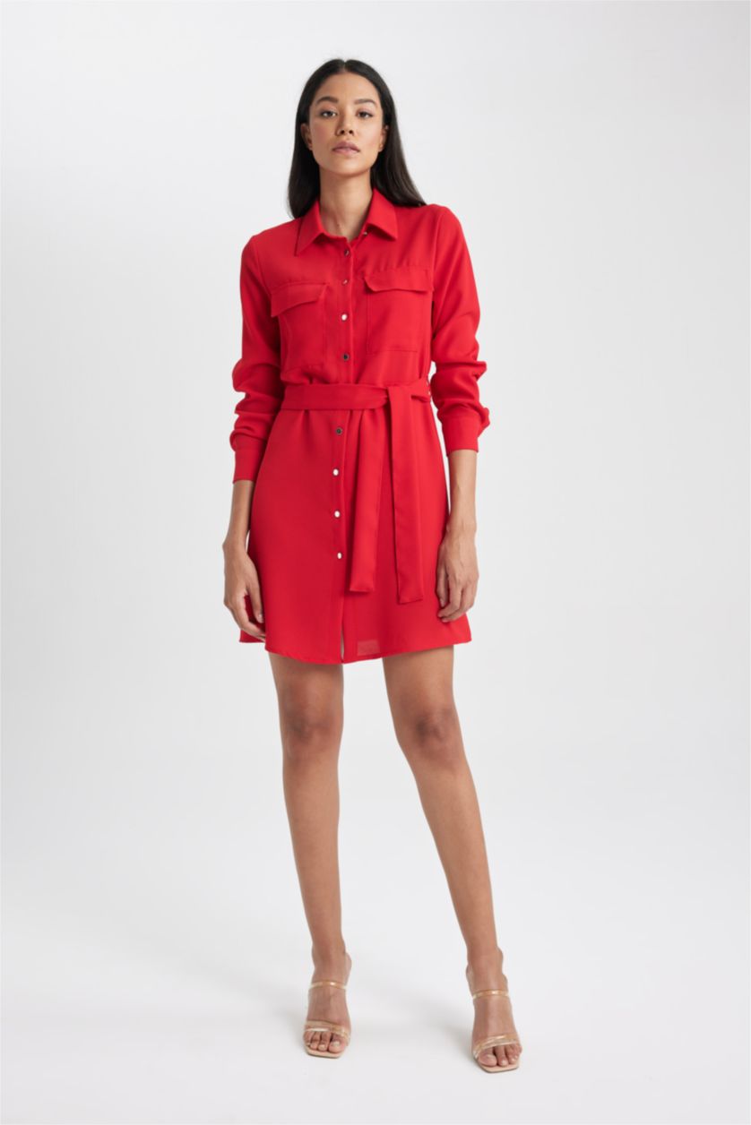 FEMME Rouge Mini Robe Col de Chemise à Manches Longues