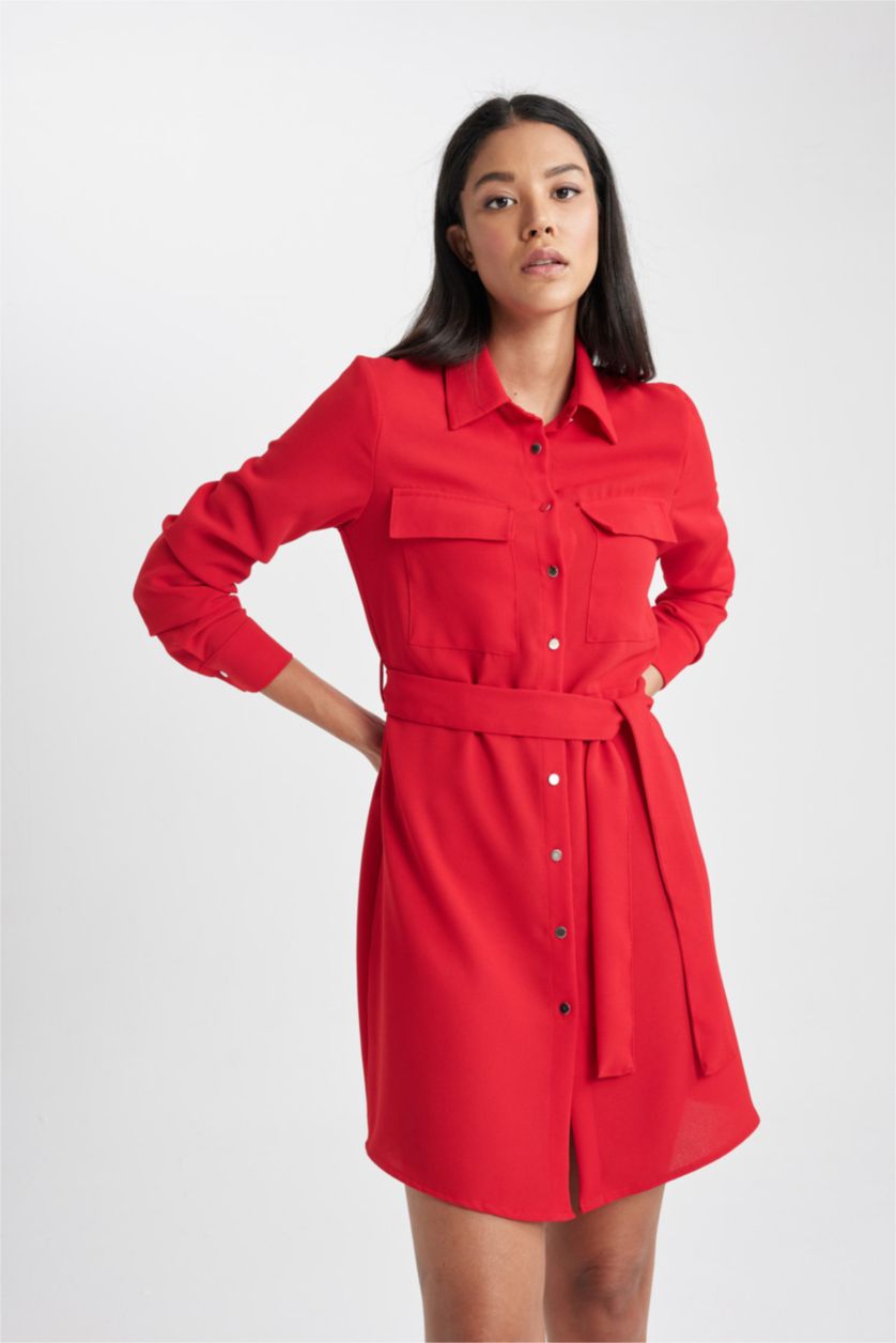 FEMME Rouge Mini Robe Col de Chemise à Manches Longues