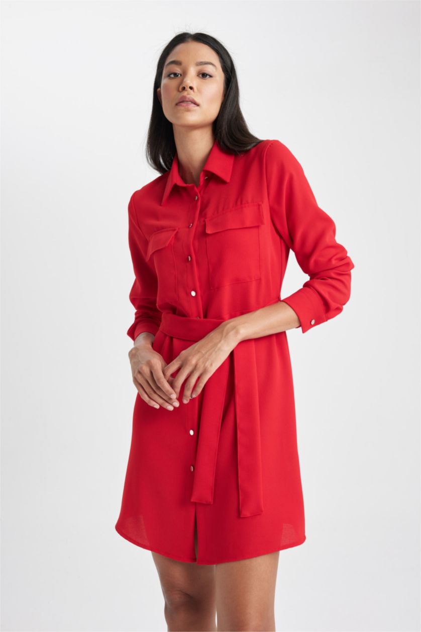FEMME Rouge Mini Robe Col de Chemise à Manches Longues