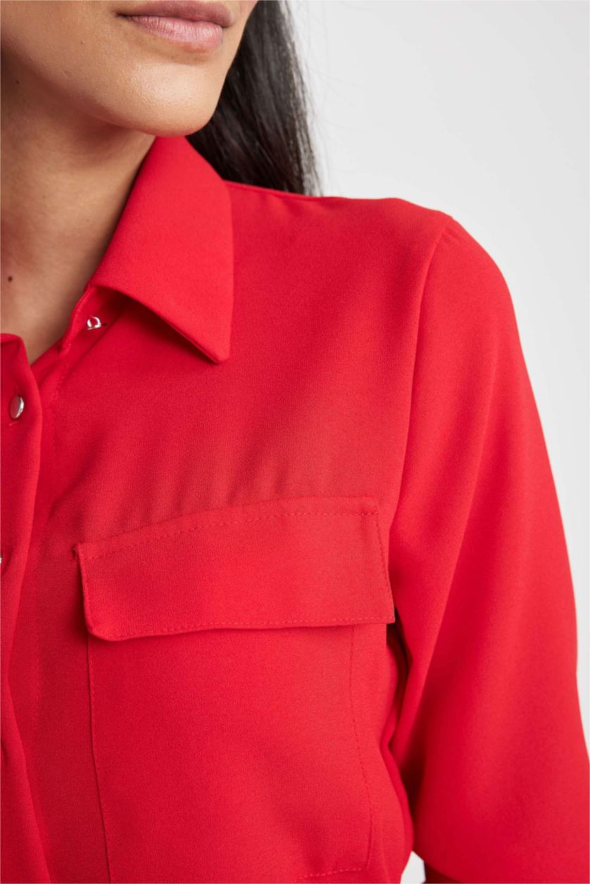 FEMME Rouge Mini Robe Col de Chemise à Manches Longues