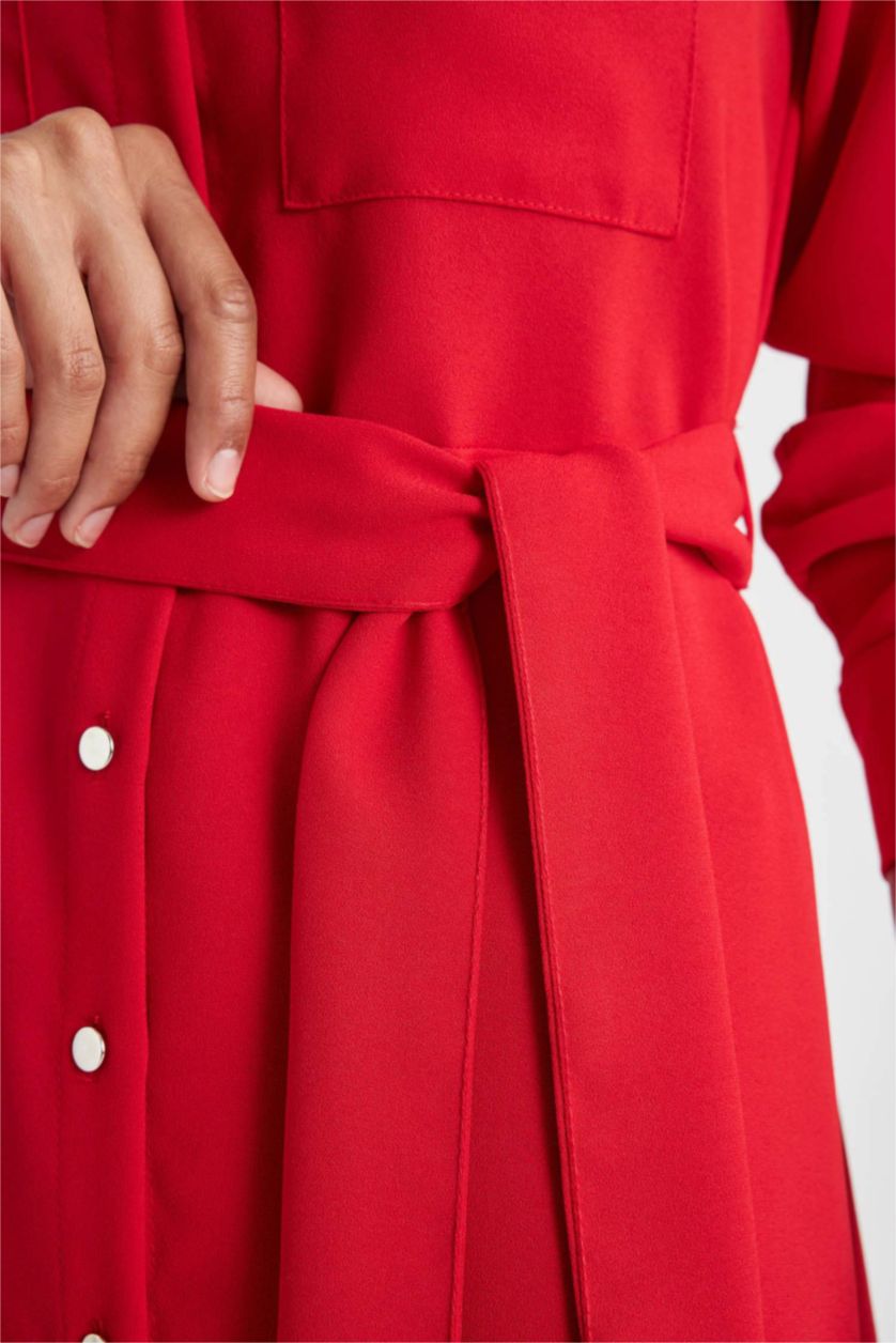 FEMME Rouge Mini Robe Col de Chemise à Manches Longues