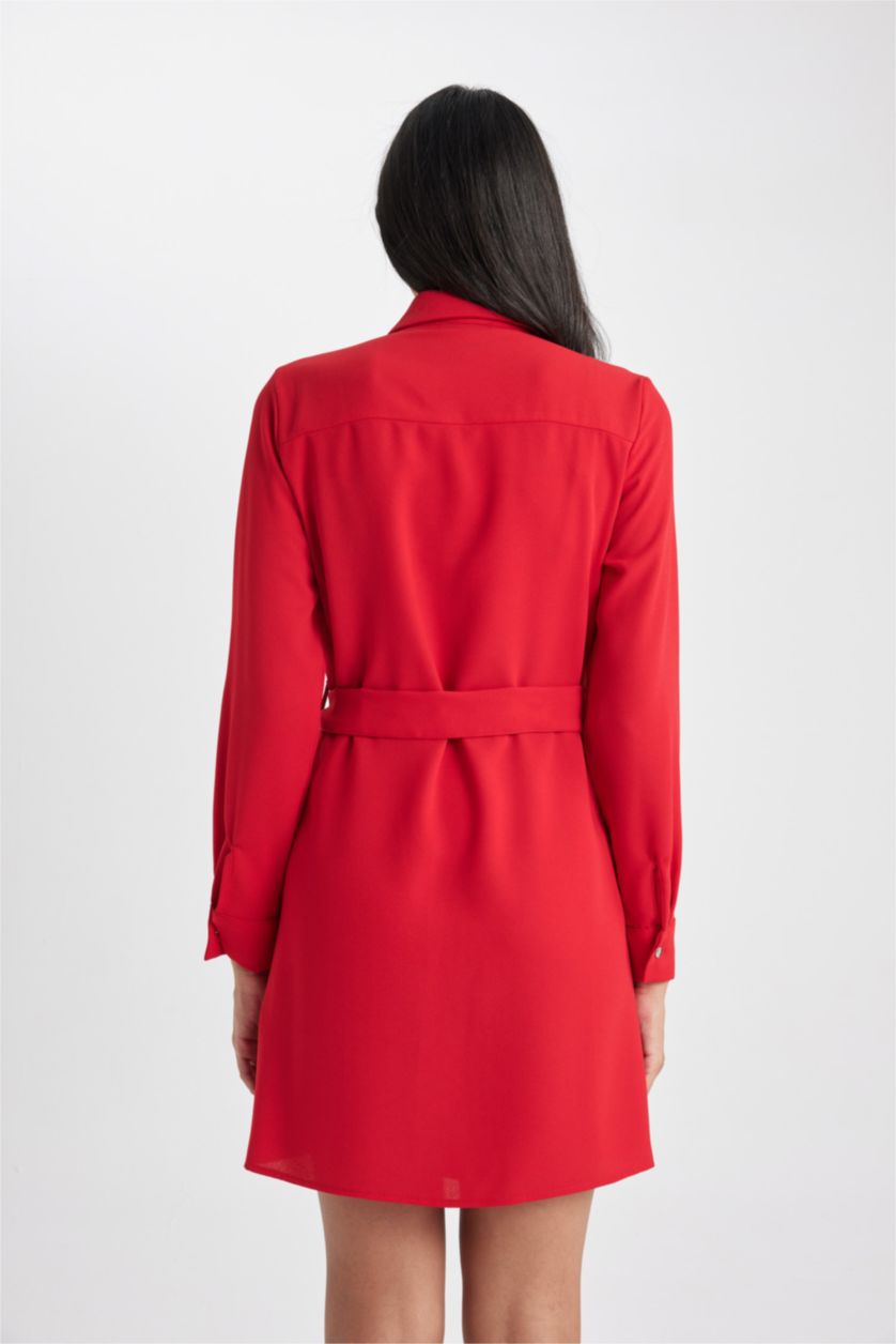 FEMME Rouge Mini Robe Col de Chemise à Manches Longues