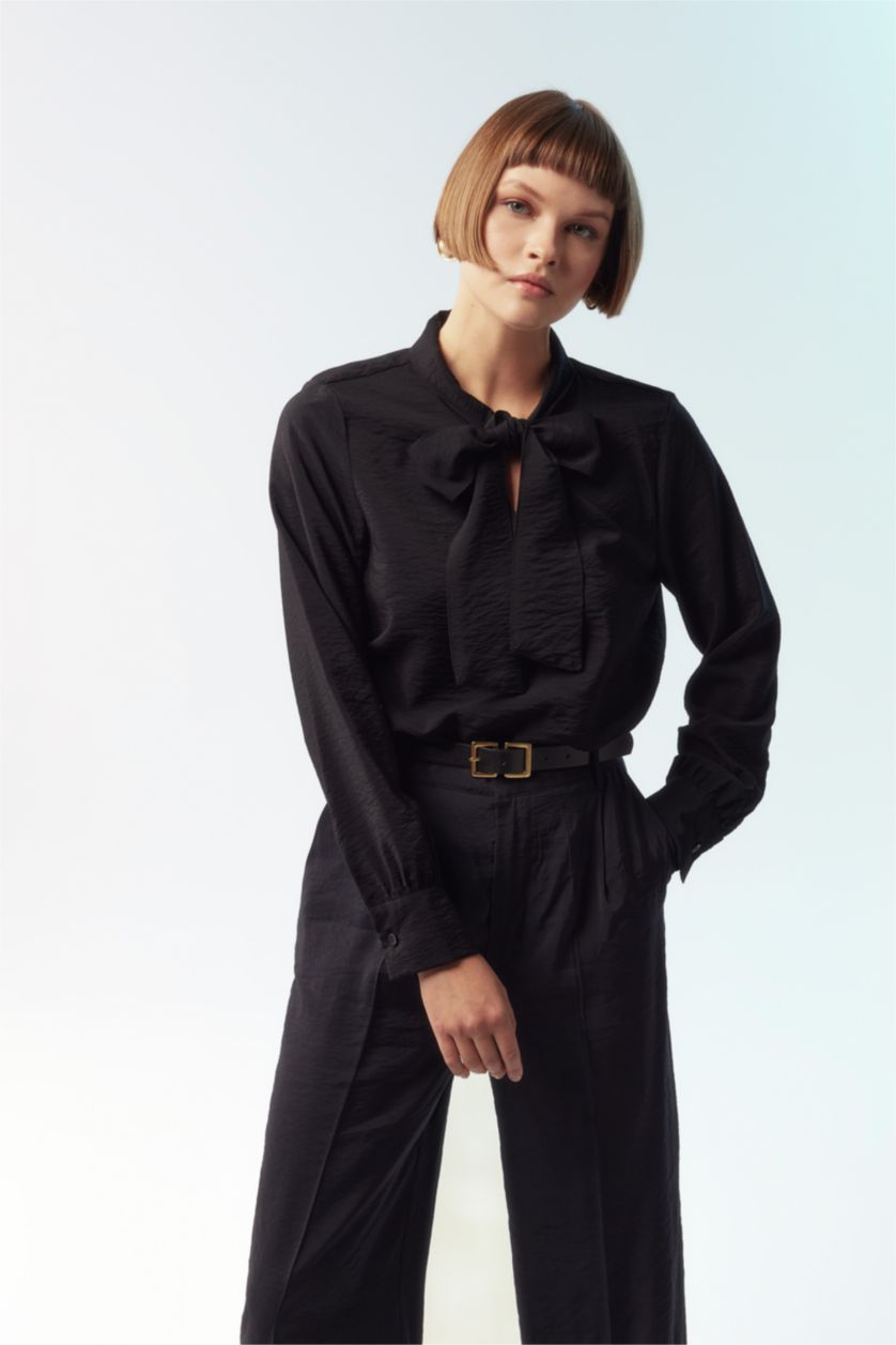 WOMAN Black Regular Fit Bowtie Long Sleeve Blouse