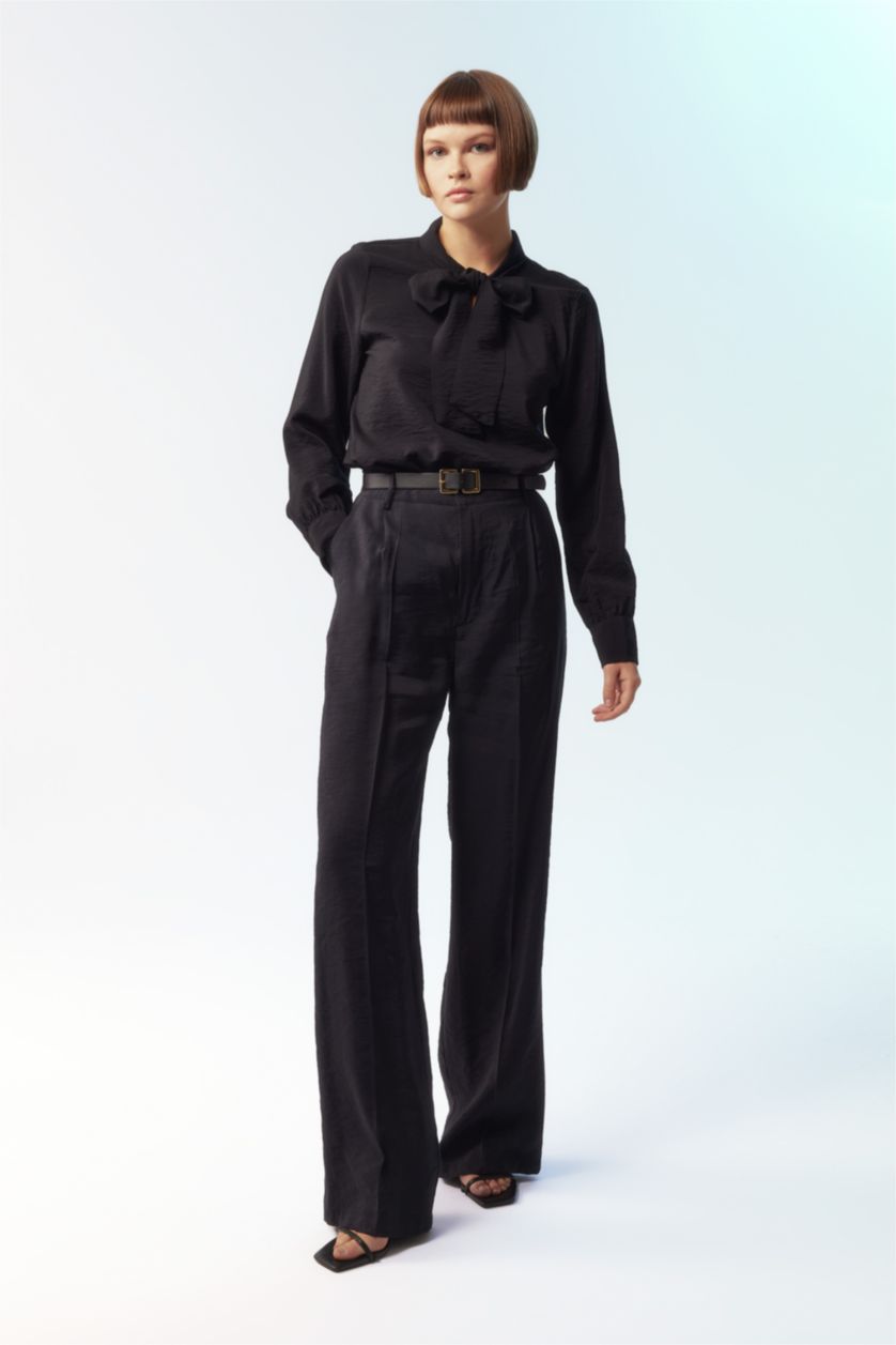 WOMAN Black Regular Fit Bowtie Long Sleeve Blouse