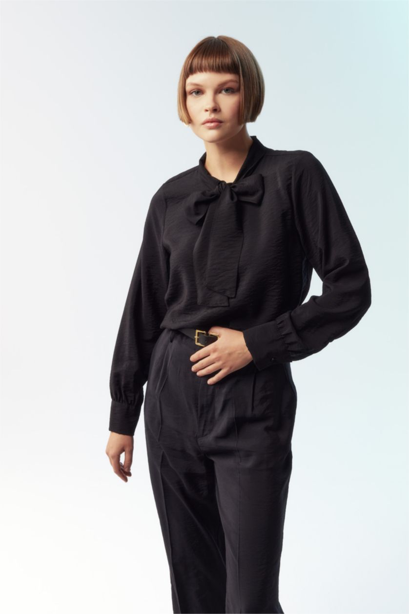 WOMAN Black Regular Fit Bowtie Long Sleeve Blouse