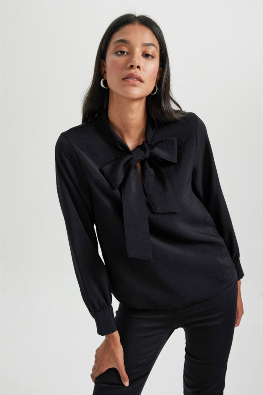WOMAN Black Regular Fit Bowtie Long Sleeve Blouse