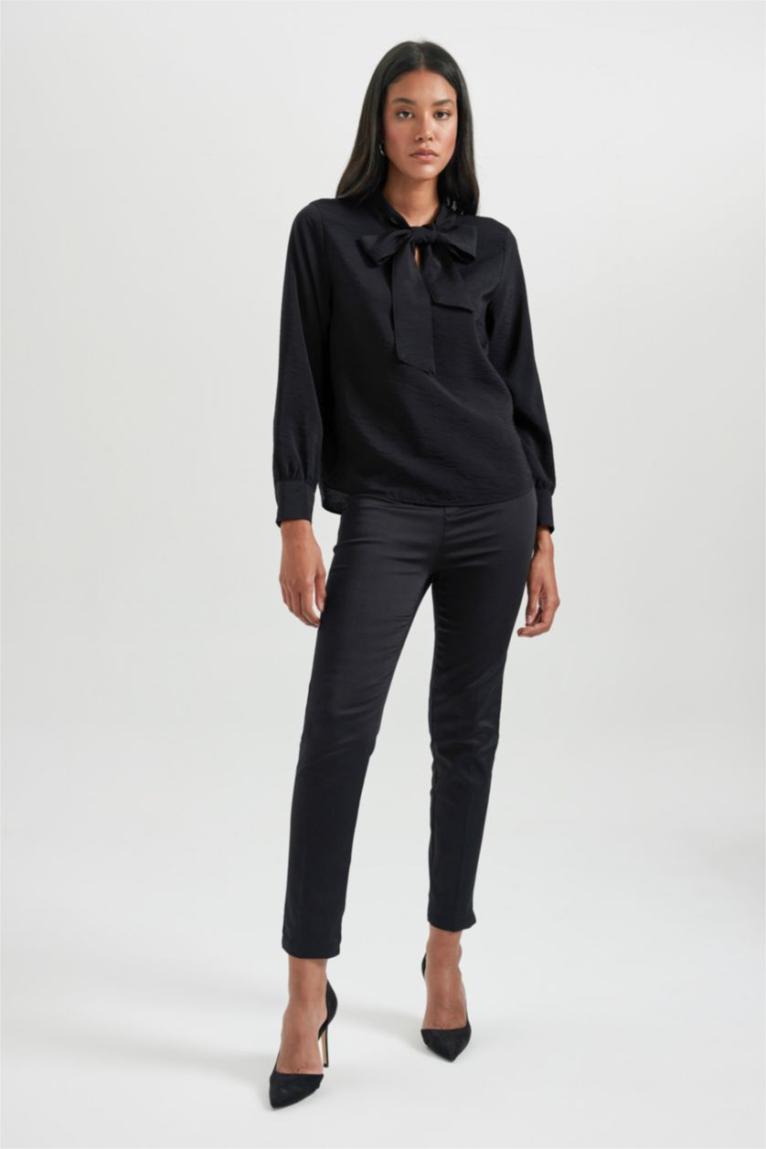 WOMAN Black Regular Fit Bowtie Long Sleeve Blouse