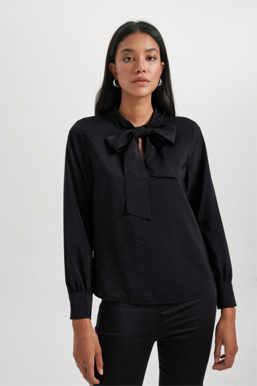 WOMAN Black Regular Fit Bowtie Long Sleeve Blouse