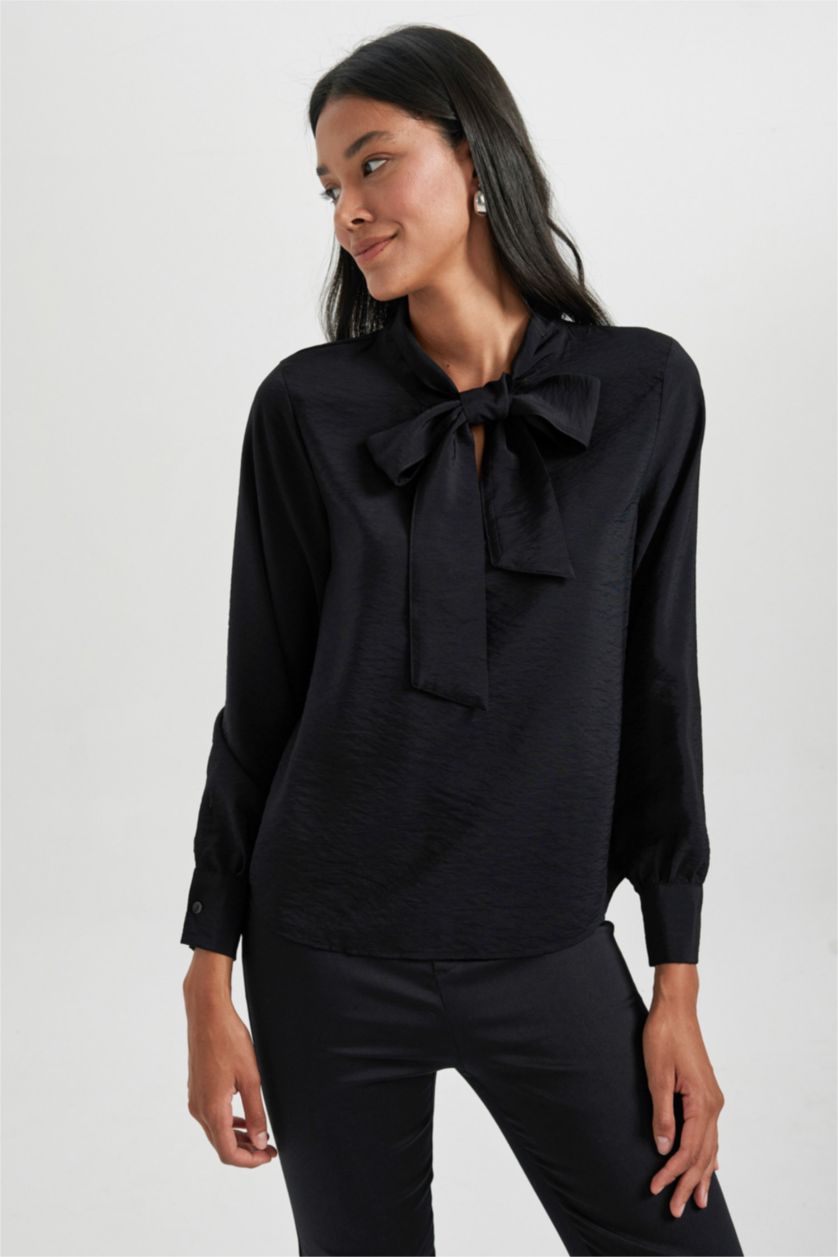 WOMAN Black Regular Fit Bowtie Long Sleeve Blouse